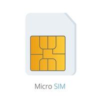 Signo de icono de diseño de estilo plano micro sim para ilustración de vector de teléfono inteligente o celular aislado sobre fondo blanco. tarjeta SIM con símbolo de chip.