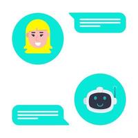 Robot chatbot head icon sign in the speech bubble talking with girl vector