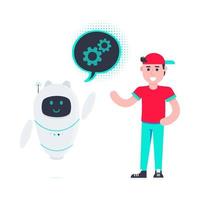 Robot chatbot head icon sign in the speech bubble talking with boy. vector