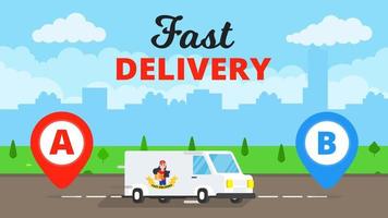 Fast delivery truck service on the road. Car van with landscape behind flat style design and map pins A and B vector illustration isolated on light blue background.  Symbol of delivery company.