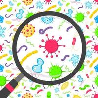 Microbes and bacterias in the circle magnifier flat style design vector illustration isolated on white background.