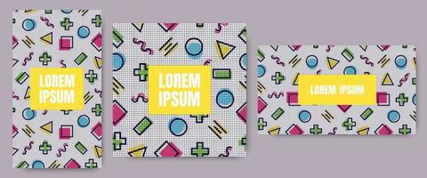 3 Geometric background with geometric line shapes pattern with trendy Memphis fashion style 80s-90s template in colorful vibrant colors isolated on white background set vector