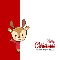 lindo ciervo saludando feliz navidad y feliz año nuevo dibujos animados doodle tarjeta ilustración de fondo vector