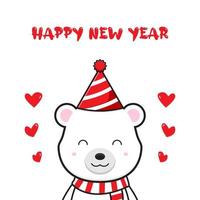 Cute bear greeting happy new year cartoon doodle card background illustration vector