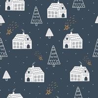 Christmas and New Year symbols with winter house and Christmas trees scandinavian hand drawn seamless pattern. Vector cute print. Digital paper. Design element