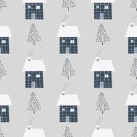 Christmas and New Year symbols with winter house and Christmas trees scandinavian hand drawn seamless pattern. Vector cute print. Digital paper. Design element