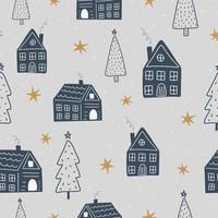 Christmas and New Year symbols with winter house and Christmas trees scandinavian hand drawn seamless pattern. Vector cute print. Digital paper. Design element