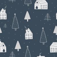 Christmas and New Year symbols with winter house and Christmas trees scandinavian hand drawn seamless pattern. Vector cute print. Digital paper. Design element