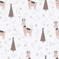 Christmas and New Year symbols tree and deer scandinavian hand drawn seamless pattern. Vector cute print. Digital paper. Design element