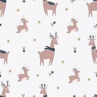 Christmas and New Year symbols and deer scandinavian hand drawn seamless pattern. Vector cute print. Digital paper. Design element