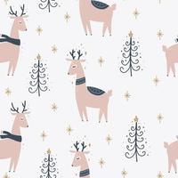 Christmas and New Year symbols tree and deer scandinavian hand drawn seamless pattern. Vector cute print. Digital paper. Design element