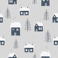Christmas and New Year symbols with winter house and Christmas trees scandinavian hand drawn seamless pattern. Vector cute print. Digital paper. Design element