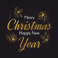 Feliz navidad y próspero año nuevo pancarta o póster con flores doradas. elegante tarjeta de felicitación navideña en negro y dorado vector