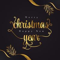 Merry Christmas and Happy New Year Banner or Poster with Golden Flowers. Elegant Christmas Greeting card in Black and Gold vector