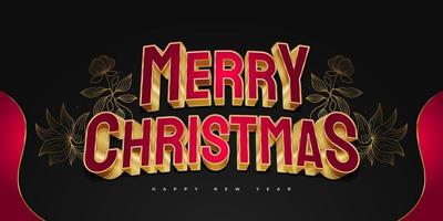 Merry Christmas and New Year Banner or Poster with Red and Gold 3D Text and Elegant Floral Illustration vector