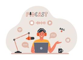 Young man with headphones in front of laptop, talking into microphone, sound recording, podcast concept. Vector illustration with icons in flat cartoon style