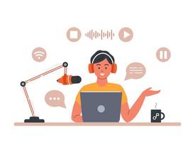 Man wearing headphones in front of laptop, talking into microphone, recording sound, podcast concept. Vector illustration with icons in flat cartoon style