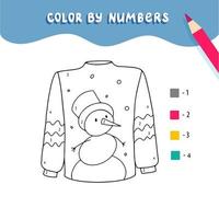 Página para colorear con lindos suéteres. colorear por números. juego educativo para niños, dibujo de actividades para niños, hoja de trabajo imprimible. vector