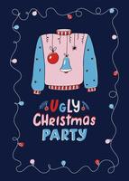 feo cartel vertical de fiesta de Navidad o tarjeta de invitación con suéter y guirnalda. ilustración vectorial para el diseño de vacaciones vector