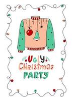 Ugly Christmas party vertical poster or card for invitation with sweater and garland. Vector illustration for holiday design