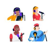 Set of young people recording a podcast. Women and men in a recording studio, painted in flat style. Vector illustration of people of different races.