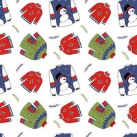 Ugly Christmas sweater seamless pattern with multicolored sweaters on a white background. Vector endless texture for holiday design