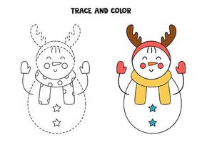 Trace and color cute snowman. Worksheet for kids. vector