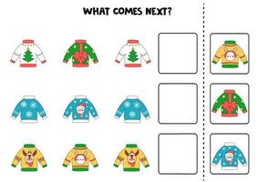 what comes nextWhat comes next game with ugly Christmas sweaters. Educational logical game for kids. vector