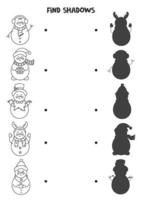 Find the correct shadows of Christmas snowmen. Logical puzzle for kids. vector