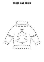 Trace and color cute Christmas sweater. Worksheet for kids. vector