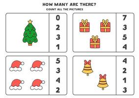 Counting game with Christmas elements. Educational worksheet. vector