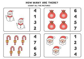 Counting game with Christmas elements. Educational worksheet. vector