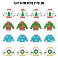 Find Christmas sweater which is different from others. Worksheet for kids. vector