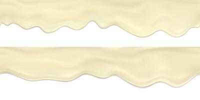 Vector set seamless border of realistic flowing down waves and drops of mayonnaise.Realistic vector collection dripping cream or sauce seamless horizontal texture.Texture for packaging design