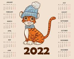 Calendar design template for 2022, the year of the tiger according to the Chinese or Eastern calendar, with an illustration of the tiger. Horizontal table with calendar for 2022. Vector