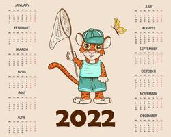 Calendar design template for 2022, the year of the tiger according to the Chinese or Eastern calendar, with an illustration of the tiger. Horizontal table with calendar for 2022. Vector