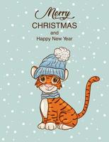 Cute cartoon tiger in warm hat. Symbol of the year according to the Chinese calendar. Christmas card. Vector illustration