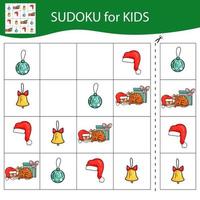 Sudoku game for kids with pictures. Merry Christmas and Happy New Year. The tiger is a symbol of the Chinese New Year with Christmas elements. Vector. vector