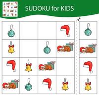 Sudoku game for kids with pictures. Merry Christmas and Happy New Year. The tiger is a symbol of the Chinese New Year with Christmas elements. Vector. vector