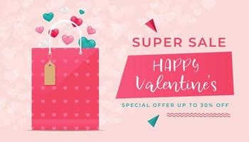 Happy Valentine s sale banner with realistic shopping bag and hearts inside. Vector illustration