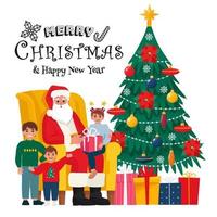 santa claus con niños, tarjeta de felicitación de navidad, plantilla. ilustración vectorial en estilo plano, aislado sobre fondo blanco vector