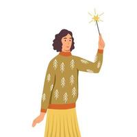 Woman in ugly sweater with sparklers. A young girl celebrate the new year, Christmas. Flat cartoon vector illustration