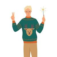 A man in an ugly sweater with a deer holding a sparkler.. A young boy celebrate the new year, Christmas. Flat cartoon vector illustration