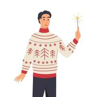 Man in ugly sweater with sparklers. A young boy celebrate the new year, Christmas. Flat cartoon vector illustration