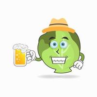 The Cabbage mascot character is holding a glass filled with a drink. vector illustration