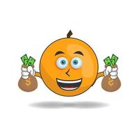 Orange mascot character holding money. vector illustration