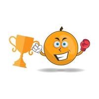 The Orange mascot character wins a boxing trophy. vector illustration