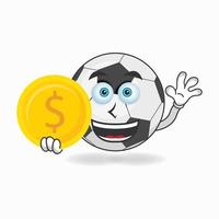 Soccer Ball mascot character holding coins. vector illustration