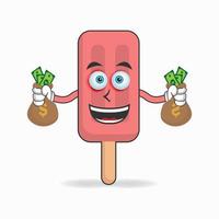 Red Ice Cream mascot character holding money. vector illustration