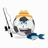 el personaje de la mascota del balón de fútbol está pescando. ilustración vectorial vector